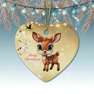 Baby Deer, Fawn, Doe 🦌 🎄Gold Merry Christmas Ceramic Tree Decoration