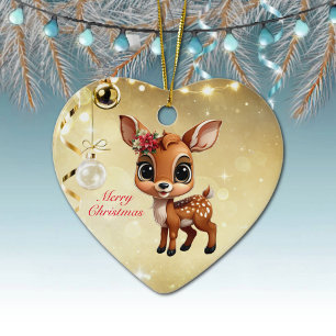 Baby Deer, Fawn, Doe 🦌 🎄Gold Merry Christmas Ceramic Tree Decoration
