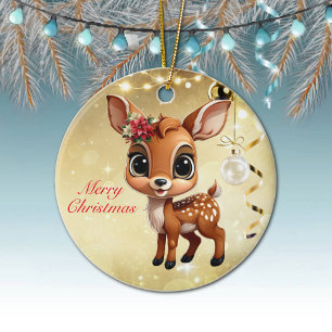 Baby Deer, Fawn, Doe 🦌 🎄Gold Merry Christmas Ceramic Tree Decoration