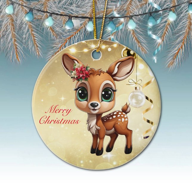 Baby Deer, Fawn, Doe 🦌 🎄Gold Merry Christmas Ceramic Tree Decoration (Cute Baby Deer, Fawn, Doe🦌Poinsettia Reindeer Antlers Merry Christmas🎄Gold Round Ceramic Ornament)