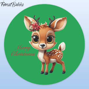 Baby Deer, Fawn, Doe, Reindeer🦌 🎄Green Christmas Classic Round Sticker