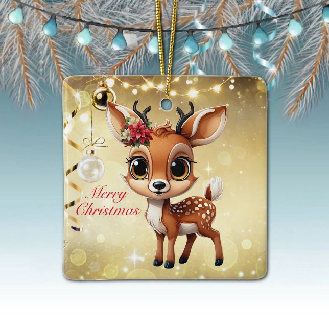 Baby Deer, Fawn, Doe, Reindeer🦌 🎄Merry Christmas Ceramic Ornament (Reindeer, Floral Fawn, Doe Poinsettia Customizable Merry Christmas Gold Square Ceramic Ornament🦌🎄)