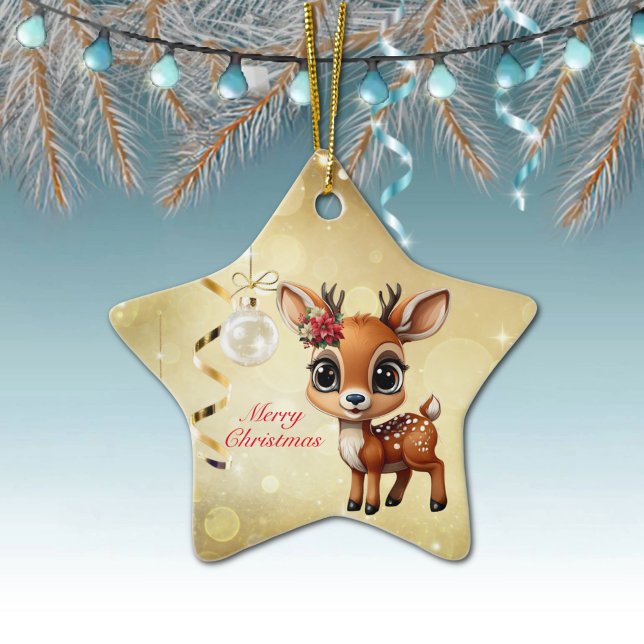 Baby Deer, Fawn, Doe, Reindeer🦌 🎄Merry Christmas Ceramic Tree Decoration (Custom Reindeer Decor Xmas Fawn Fun Holiday Doe Animal Merry Christmas 
Gold Star Ornament 🦌🎄 )