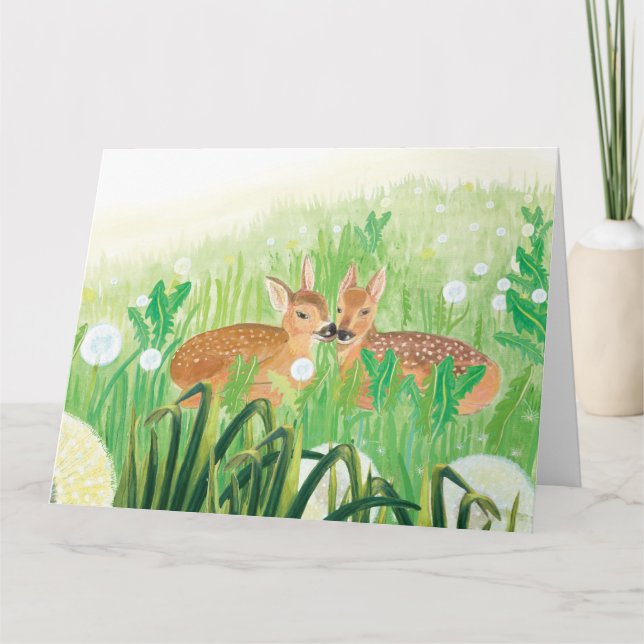 Baby Deer - Fawns in Tall Grass Illustration  Card (Front)