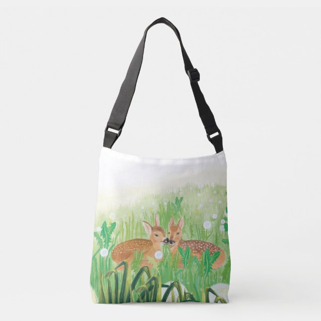 Baby Deer - Fawns in Tall Grass Illustration Crossbody Bag (Front)