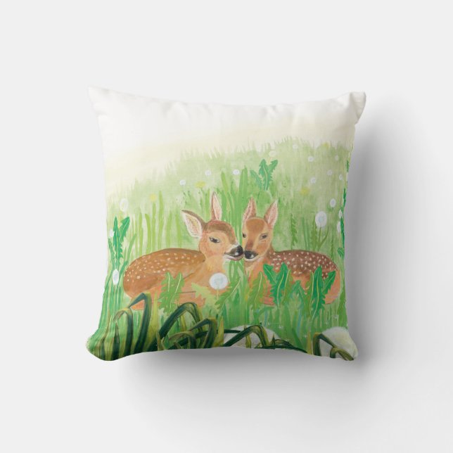 Baby Deer - Fawns in Tall Grass Illustration  Cushion (Front)