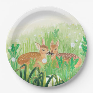 Baby Deer - Fawns in Tall Grass Illustration  Paper Plate