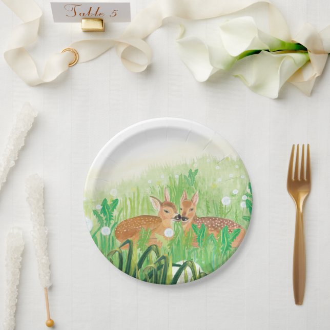 Baby Deer - Fawns in Tall Grass Illustration  Paper Plate (Wedding)