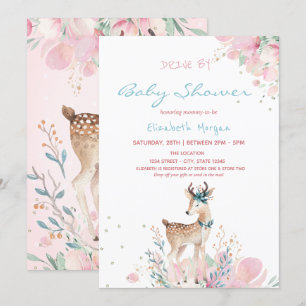 Baby Deer Floral Drive By Baby Shower  Invitation