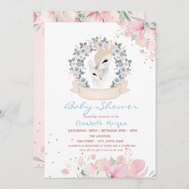 Baby Deer Floral Drive By Baby Shower  Invitation (Front/Back)