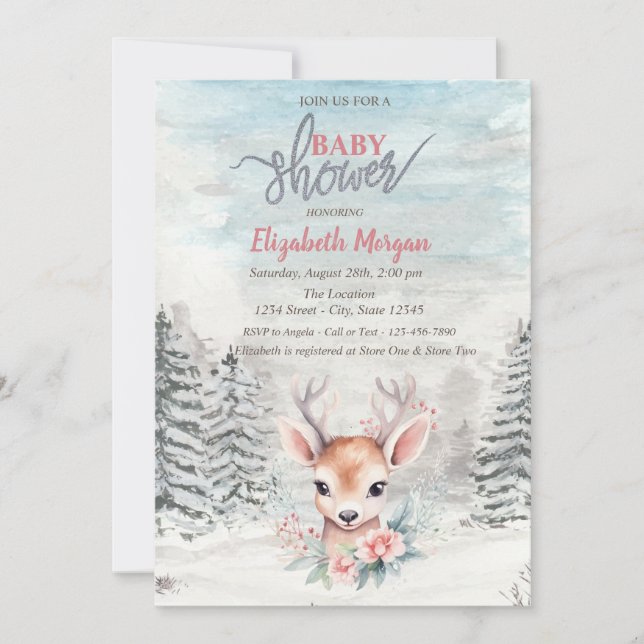 Baby Deer Flower Forest Snow Baby Shower   Invitation (Front)