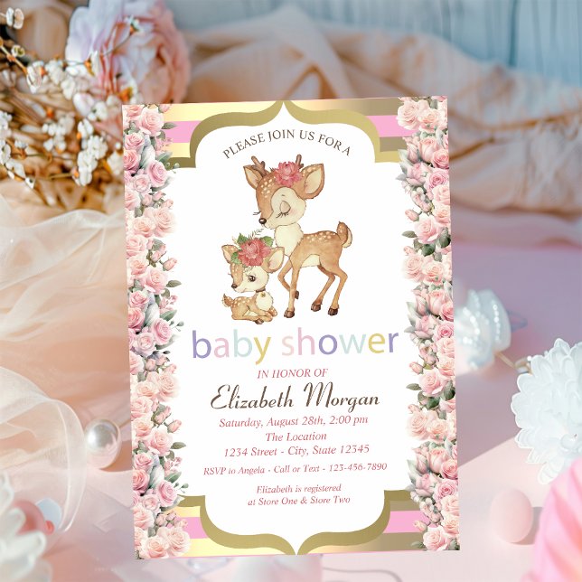 Baby Deer Flower Gold Stripe Roses Baby Shower  Invitation (Creator Uploaded)