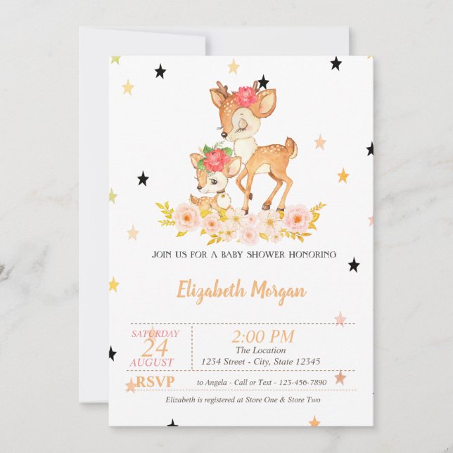 Baby Deer Flowers Stars, Princess  Baby Shower Invitation (Front)