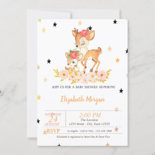 Baby Deer Flowers Stars, Princess  Baby Shower Invitation
