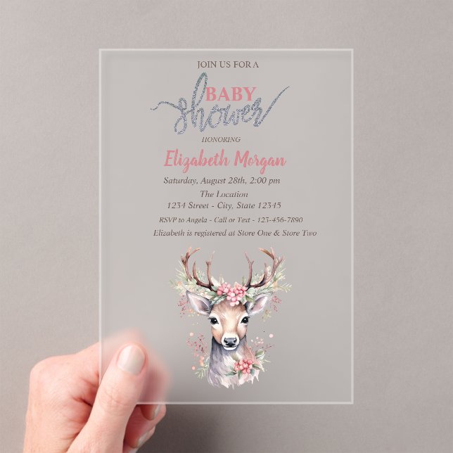 Baby Deer Holly Berry Forest Snow Baby Shower   Acrylic Invitations (Insitu (Handheld))