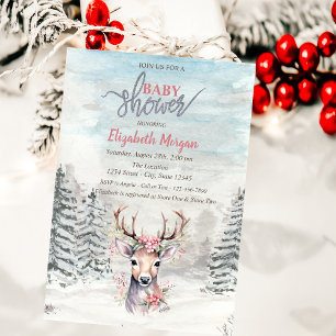 Baby Deer Holly Berry Forest Snow Baby Shower Invitation