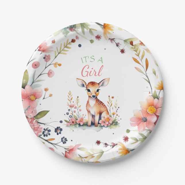 Baby Deer in Flowers | It's a Girl Baby Shower Paper Plate (Front)