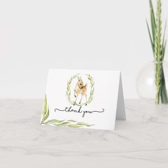 Baby Deer In Greenery Baby Shower Thank You Card (Front)