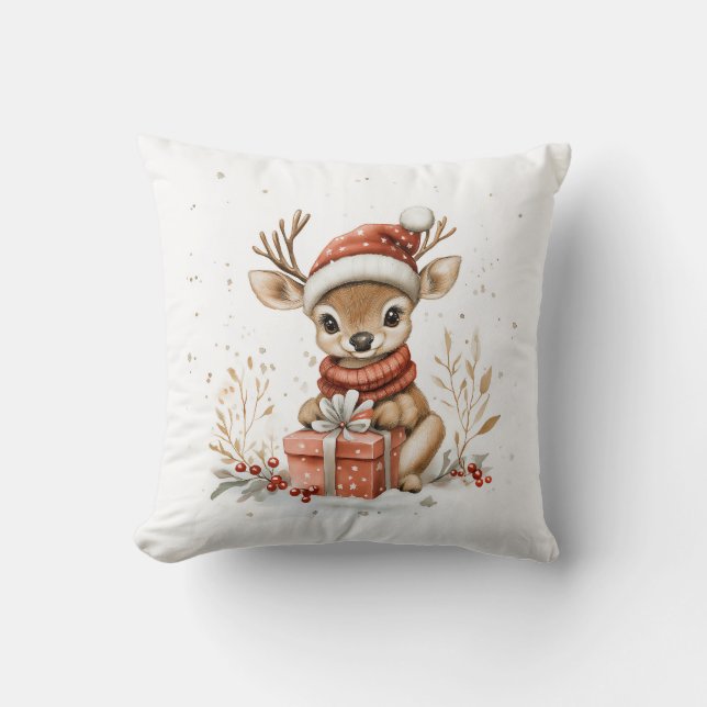 Baby Deer in Red Christmas Santa Hat Cushion (Front)