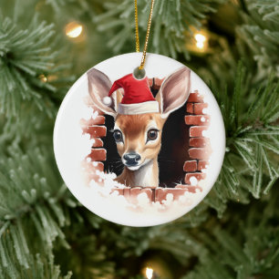 Baby Deer in Santa Hat - 3D Ceramic Tree Decoration