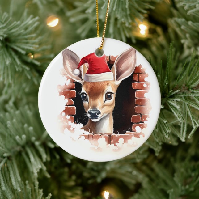 Baby Deer in Santa Hat - 3D Ceramic Tree Decoration (Tree)