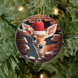 Baby Deer in Santa Hat  Ceramic Tree Decoration