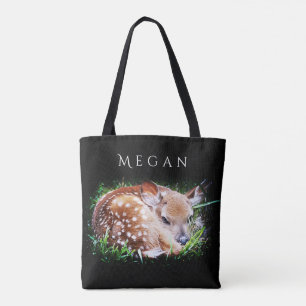 Baby Deer Personalised Custom Name Black Tote Bag