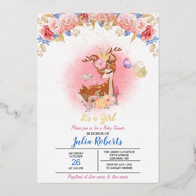 Baby Deer Pink Floral Woodland Girl Baby Shower (Front)