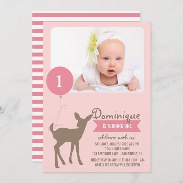 Baby Deer | Pink Photo Kids Birthday Invitation (Front/Back)