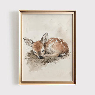 Baby Deer Print, Sleeping Fawn PRINTABLE Art, Wood Poster
