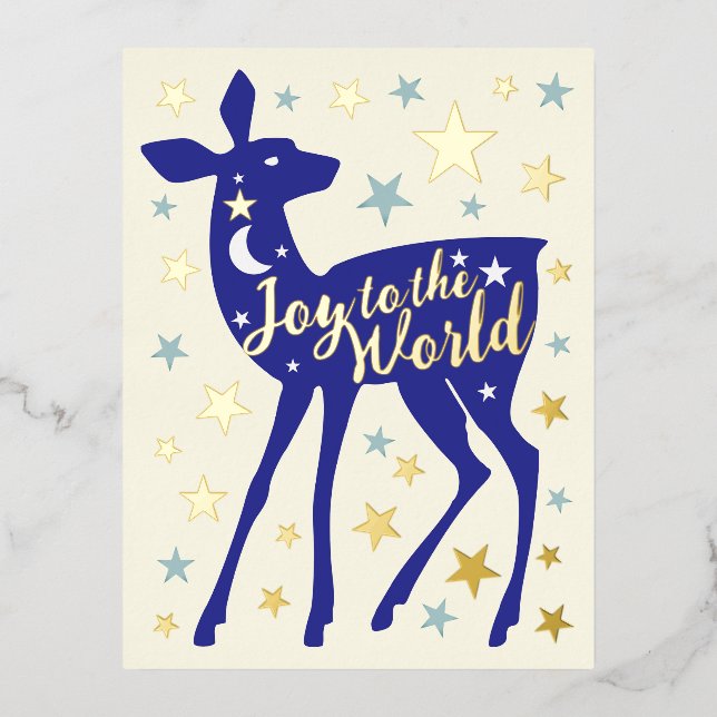 Baby Deer & Stars Joy to the World Foil Holiday Postcard (Front)