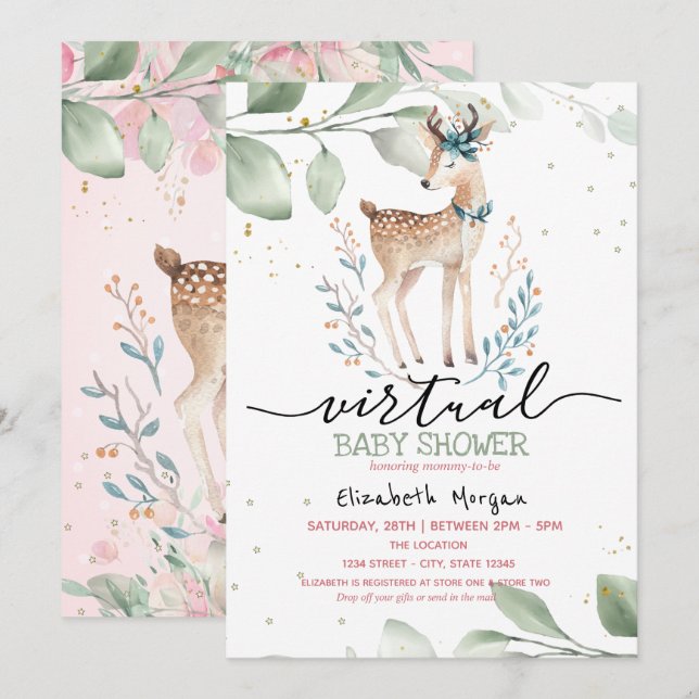 Baby Deer Stars Leaves Virtual Baby Shower Invitation (Front/Back)