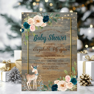 Baby Deer String Lights,Wood Floral Baby Shower Invitation