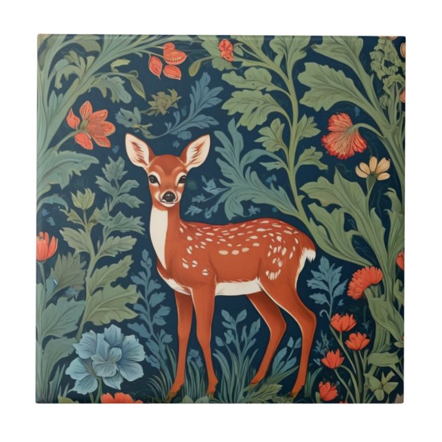Baby Deer William Morris style Left Facing Fawn Tile (Front)