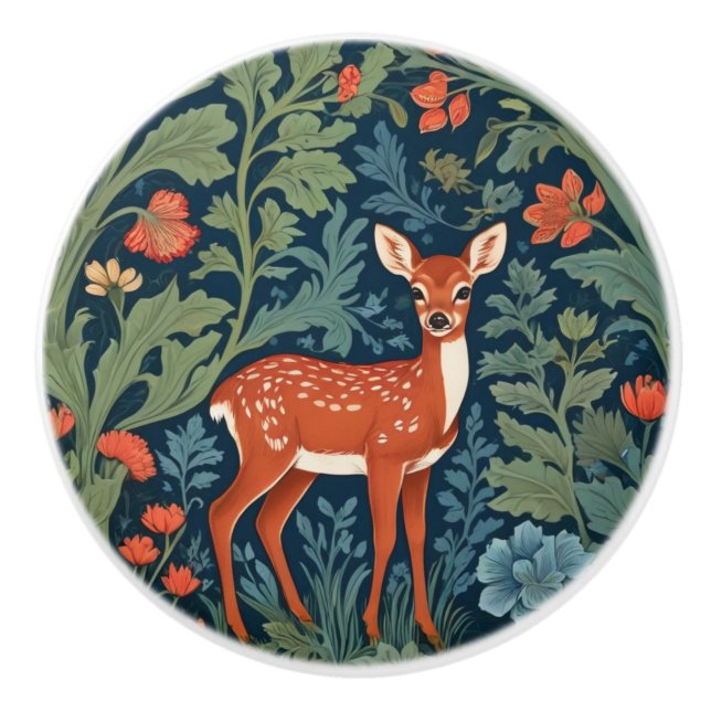 Baby Deer William Morris style Right Facing Fawn Ceramic Knob (Front)