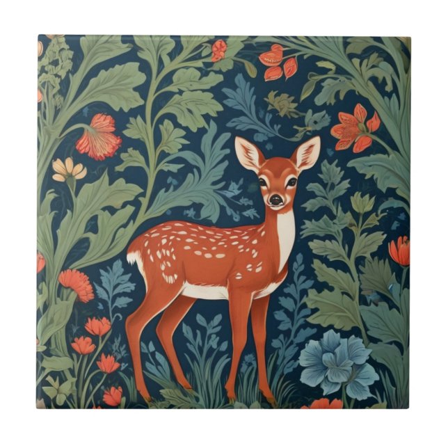 Baby Deer William Morris style Right Facing Fawn Tile (Front)