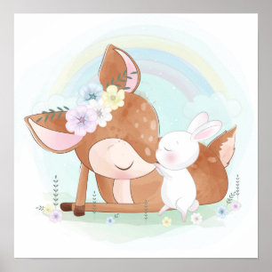 Baby deer with a baby bunny poster