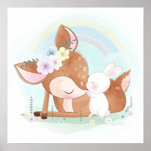 Baby deer with a baby bunny poster