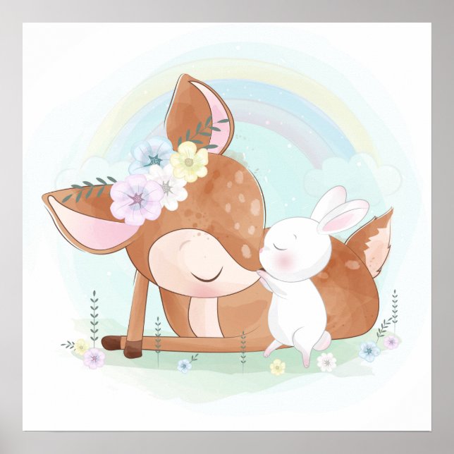 Baby deer with a baby bunny  poster (Front)