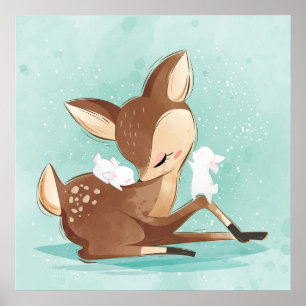Baby deer with a baby bunny poster