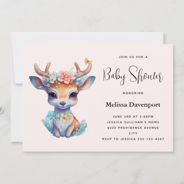 Baby Deer with Antlers and Flowers Baby Shower Invitation (Front)