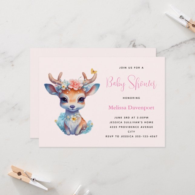 Baby Deer with Antlers and Flowers Baby Shower Invitation (Front/Back In Situ)