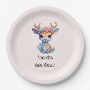 Baby Deer with Antlers and Flowers Baby Shower Paper Plate
