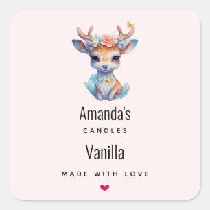 Baby Deer with Antlers and Flowers Candle Business Square Sticker