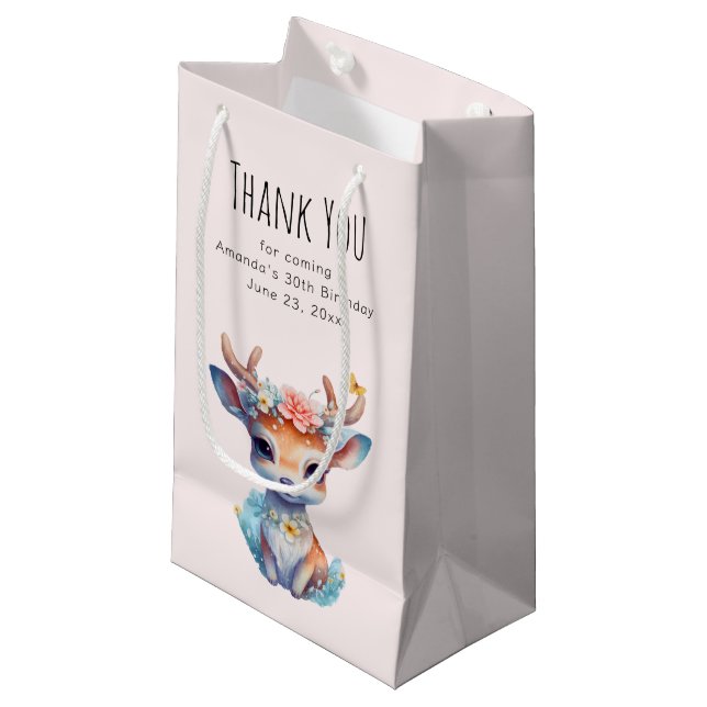 Baby Deer with Antlers and Flowers Party Thank You Small Gift Bag (Front Angled)