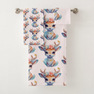 Baby Deer with Antlers and Flowers Pattern Bath Towel Set
