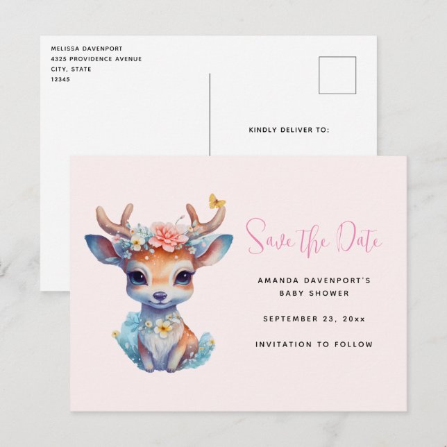 Baby Deer with Antlers and Flowers Save the Date Invitation Postcard (Front/Back)