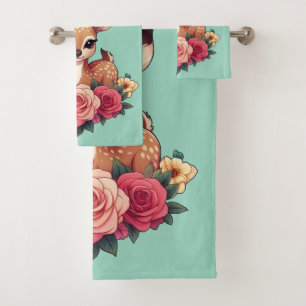 Baby Deer with Roses and Green Foliage Bath Towel Set