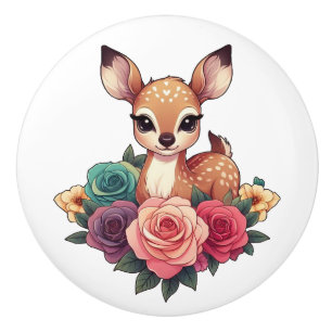 Baby Deer with Roses and Green Foliage Ceramic Knob
