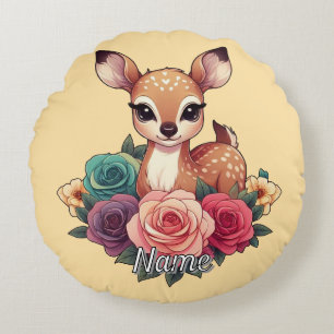 Baby Deer with Roses and Green Foliage Round Cushion